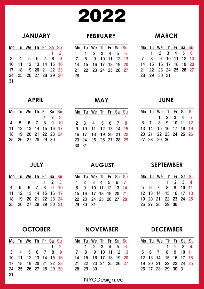2022 calendar printable free red monday start