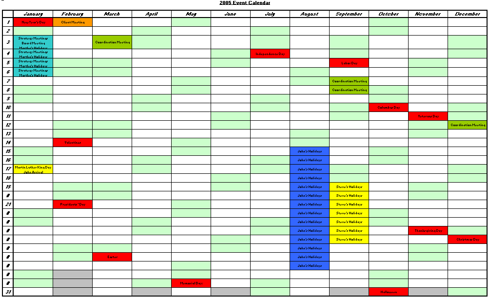 annual calendar of events template
