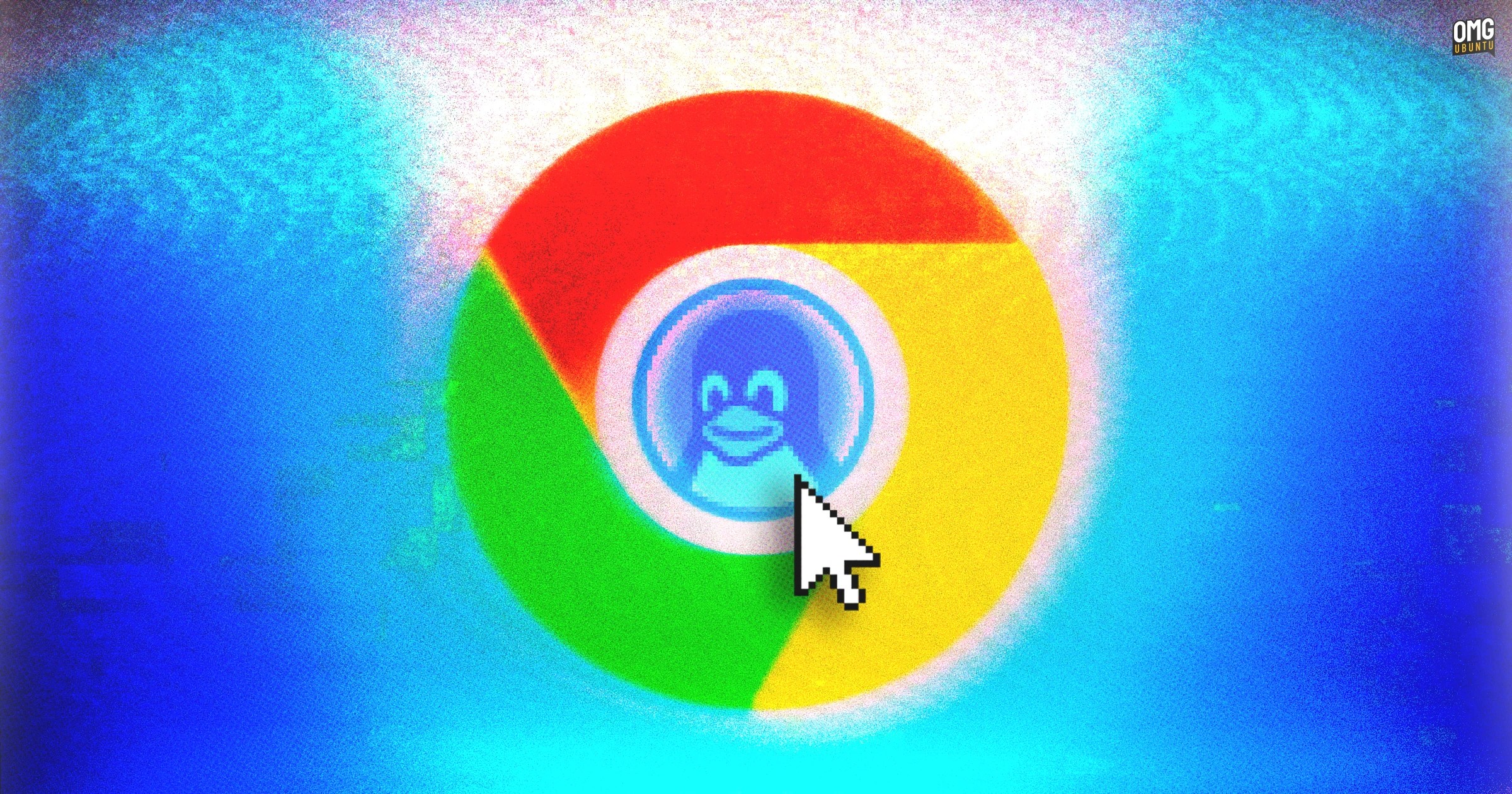 Google Chrome logo with Linux mascot inside with soft, blurred glow on a blue background