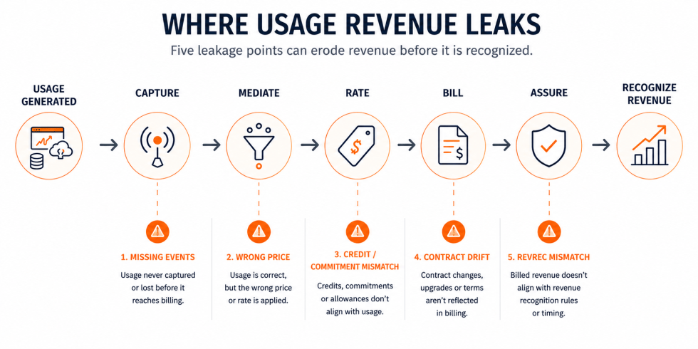 Five revenue leakage points across the usage-based billing lifecycle for SaaS and AI.