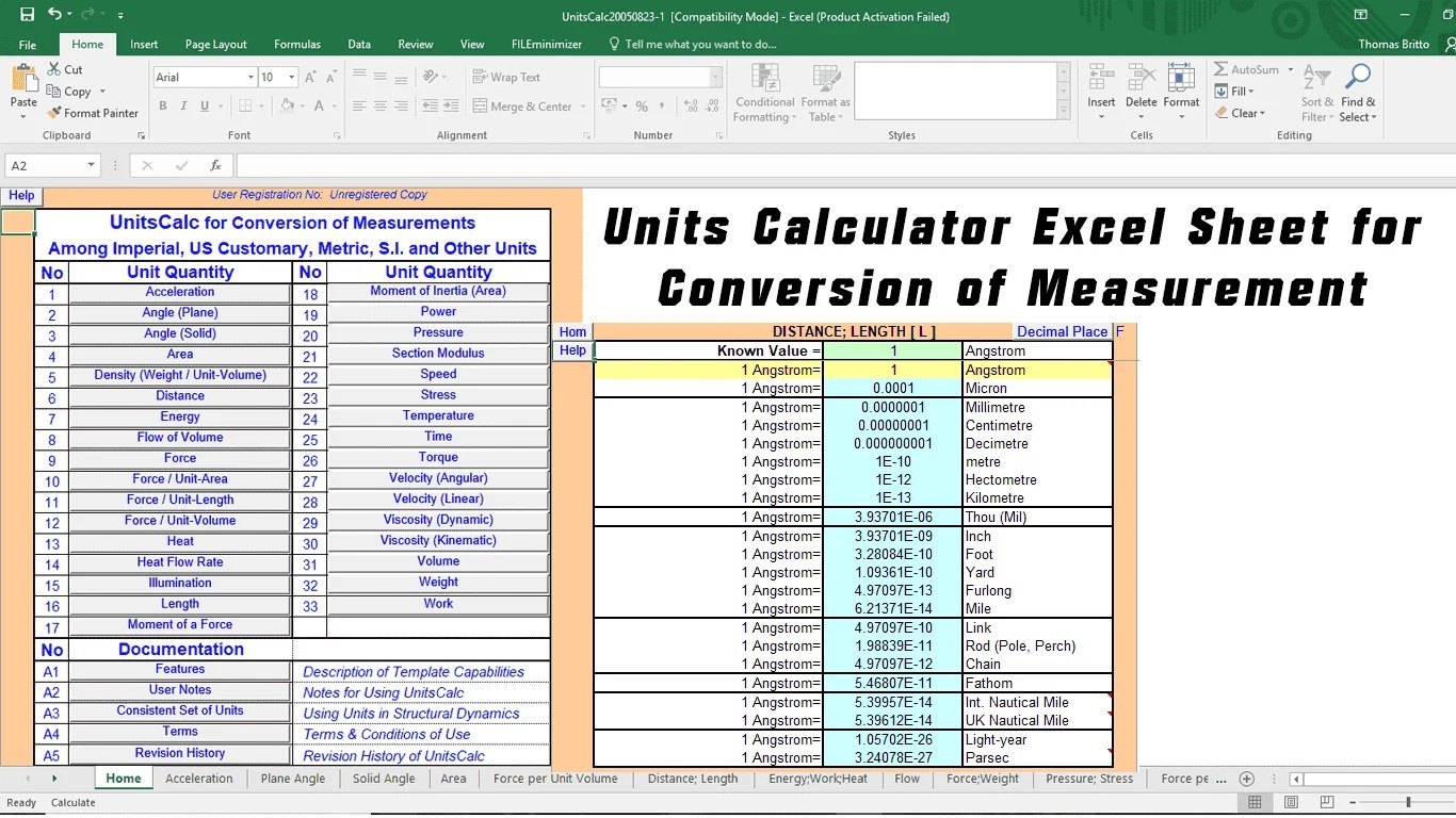 Units Calculator Excel Sheet for Conversion of Measurement