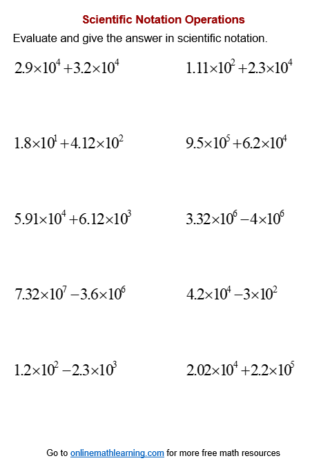 Add & subtract scientific notation worksheets (printable, online, answers, examples)