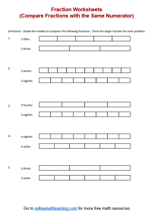 Compare fractions with same numerator worksheets (answers, printable