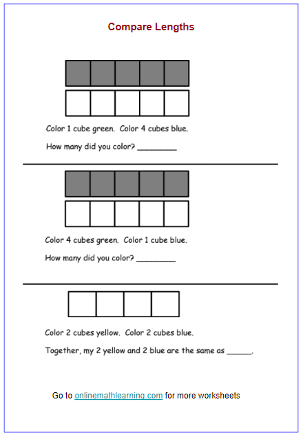 Compare lengths worksheets (kindergarten, printable)