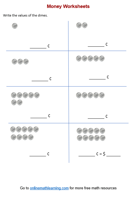 Counting dimes (worksheets, printable, online, answers)