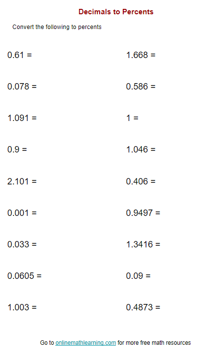 Decimals to percents worksheets (answers, examples)
