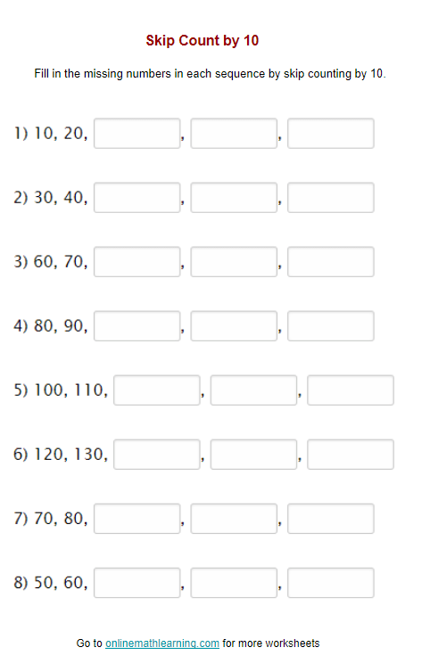 Skip count by 10 worksheet (second grade, printable, answers)