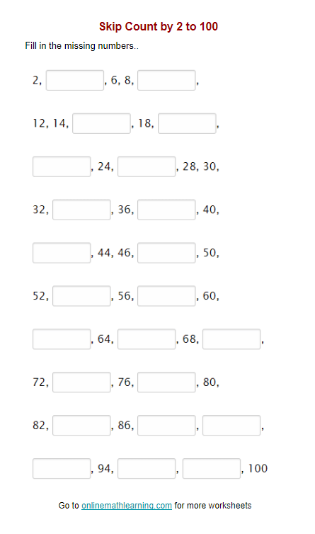 Skip count by 2 worksheet (second grade, printable, answers)
