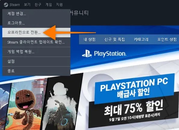 스팀 오프라인으로 전환