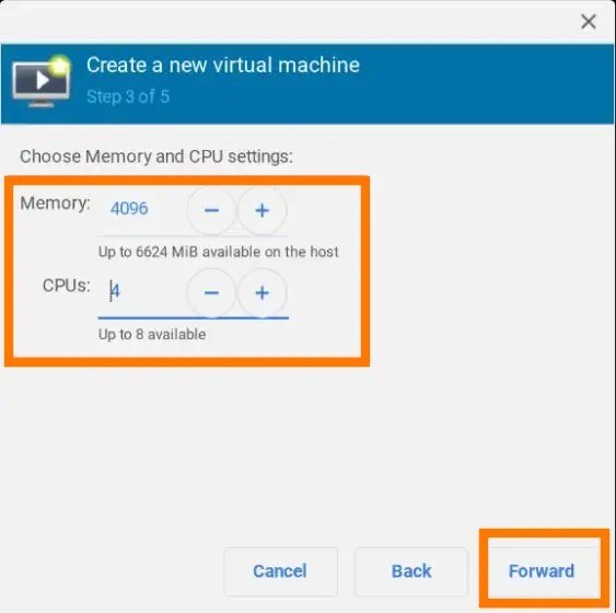 크롬북 새 가상머신 만들기 메모리 및 CPU 설정