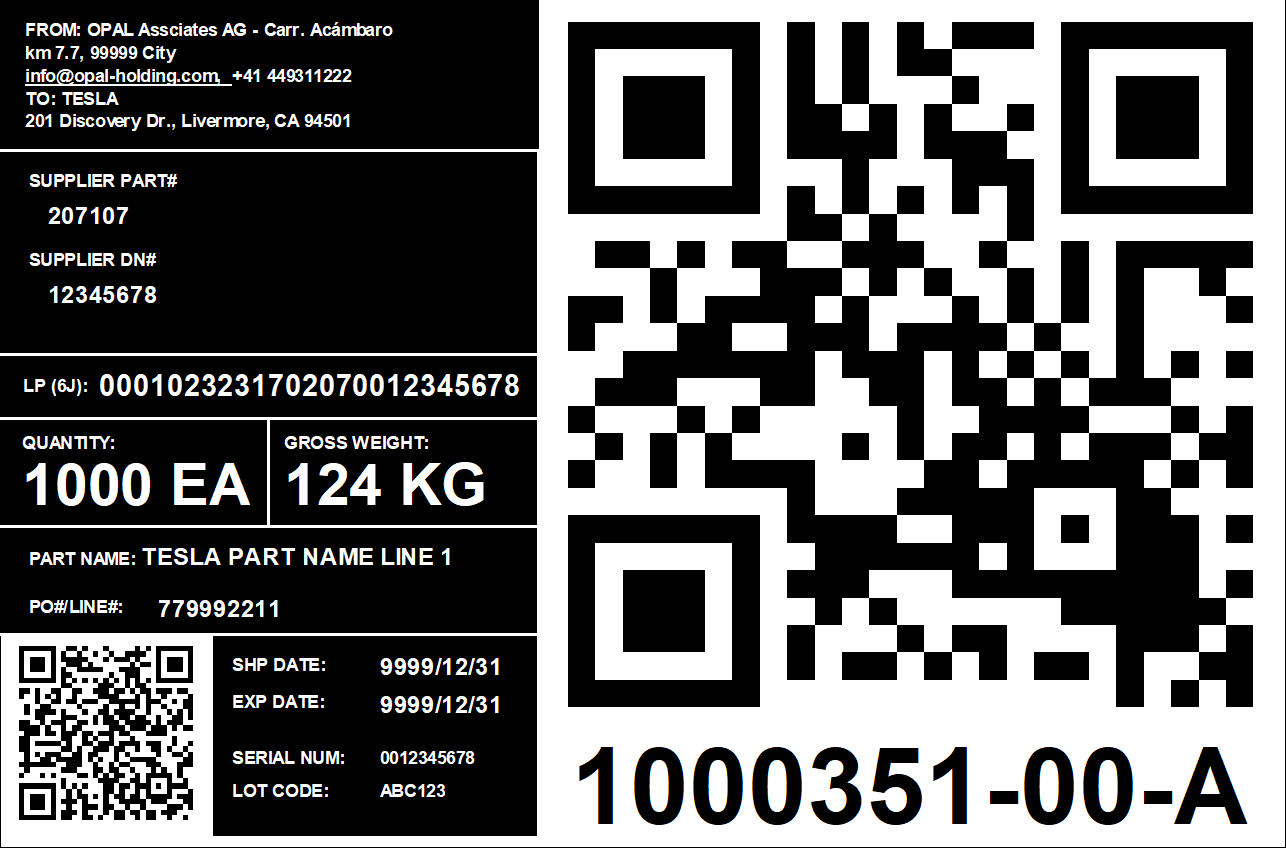 Tesla 1J shipping label