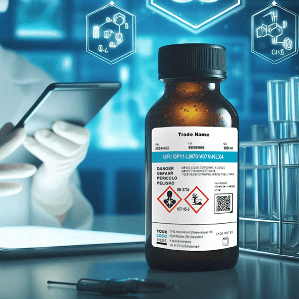 Banner Bild zeigt eine Chemikalien-Flasche mit einem CLP-Etikett