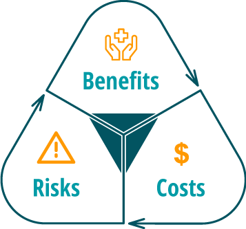 Magic triangle displaying the selection criteria risk, costs, and benefits.