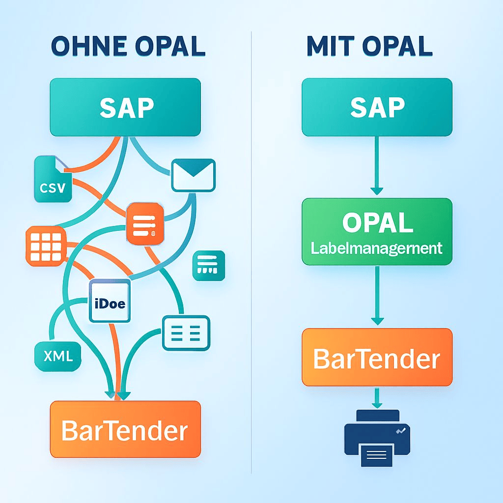Process comparison of BarTender – SAP integration with and without OPAL Label Management.
