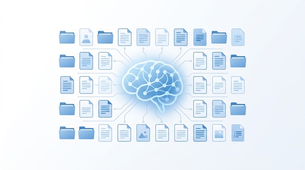 Illustration of a digital brain connected to document icons, representing IBM Content Cortex unifying FileNet, CM8 and CMOD into one AI-native content platform