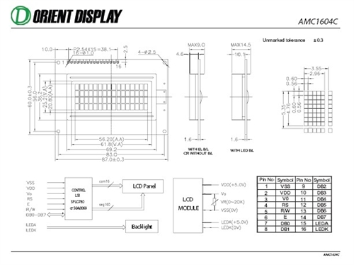 AMC1604CR-B-B6WTDW (16x4 Character LCD Module) | Orient Display