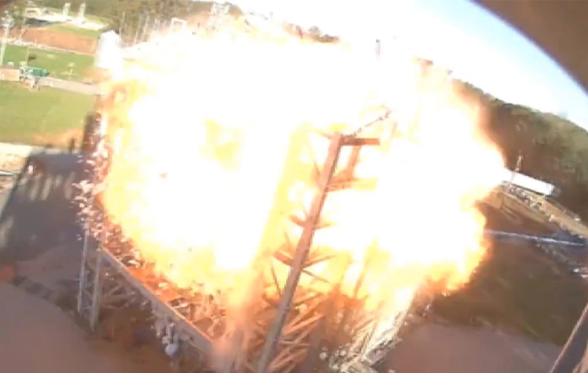 A fireball engulfs a test stand at NASA''s Marshall Space Flight Center in Huntsville, Alabama on March 29, 2023. The incident damaged a United Launch Alliance Centaur upper stage test article within seen in video captured from a neighboring Blue Origin test stand and posted to social media by ULA President and CEO Tory Bruno. (ULA)