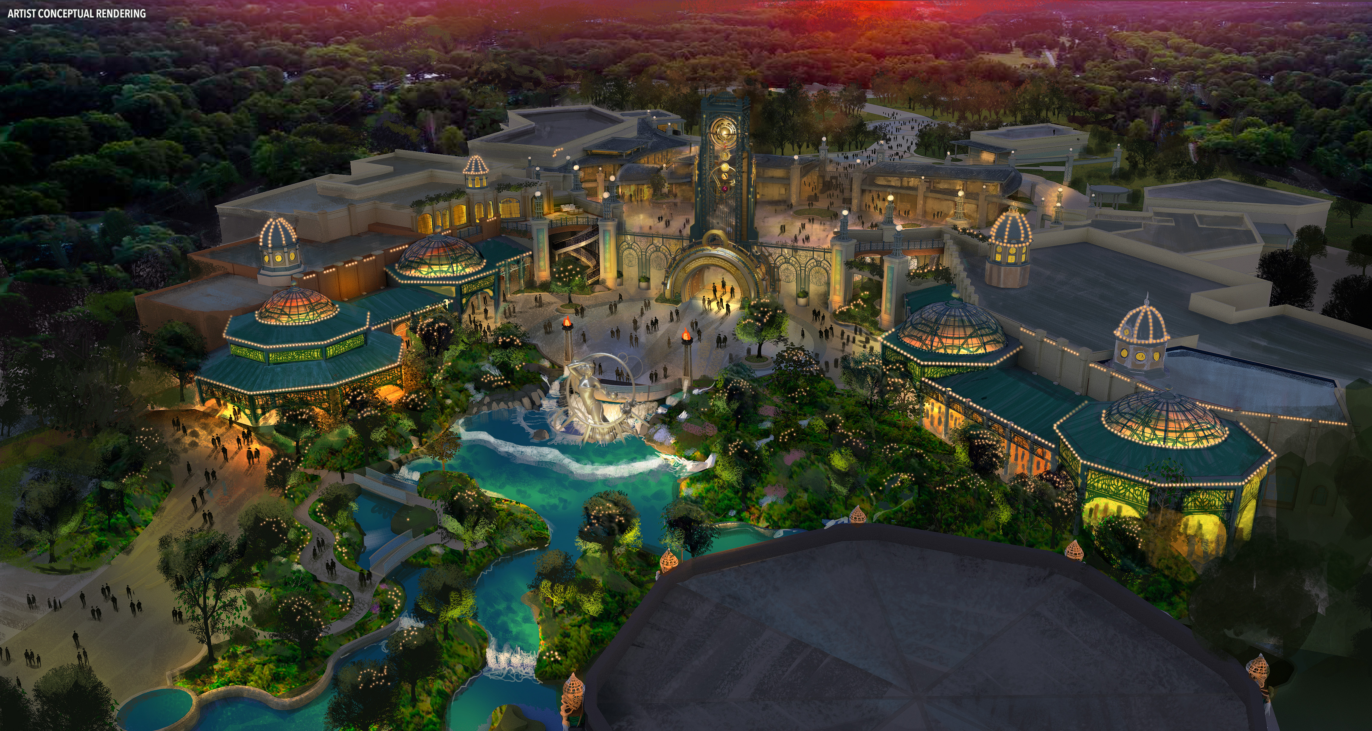 유니버설 올랜도(Universal Orlando)의 에픽 유니버스(Epic Universe) 테마파크를 위한 계획 부지인 셀레스티얼 파크(Celestial Park)에 대한 예술가의 컨셉.  이 지역에는 롤러코스터, 회전목마, 레스토랑, 쇼핑, 공원, 호텔이 포함되어 있으며 다른 땅으로 가는 관문 역할을 합니다.  에픽은 2025년 개봉 예정입니다. (유니버설 올랜도) 사진은 2024년 1월 30일에 공개되었습니다. 2024년 1월 30일 오전 8시까지 금지됩니다.
