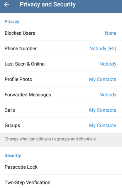 Telegram privacy settings