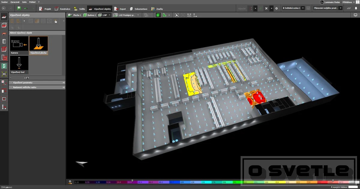 Výpočet osvetlenia priestorov supermarketu, priestor medzi regálmi
