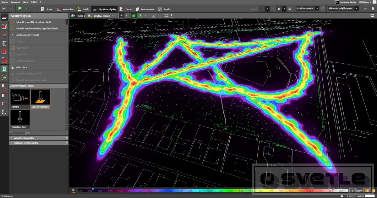 Parkové osvetlenie (návrh, výpočet osvetlenia), nepravé farby