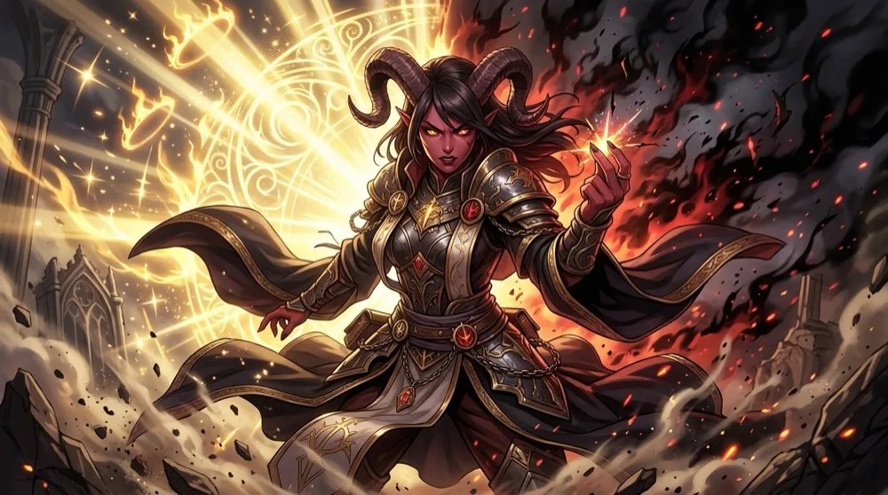 Akira, a tiefling cleric with curling horns, in ornate armour and long robes, between holy light and hellfire, in her finale boon art.