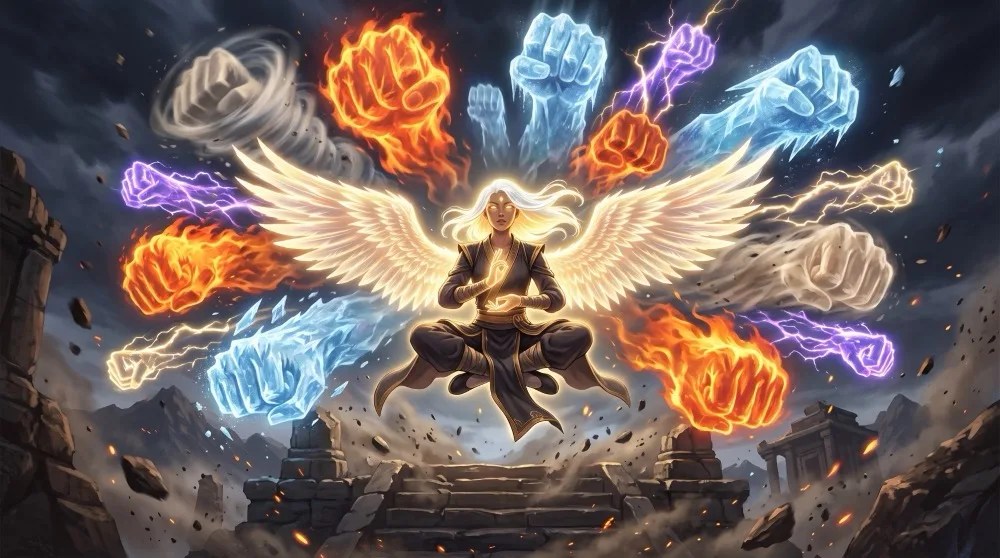 Cesca, an aasimar monk of the Four Elements, mid-action in her finale boon art.