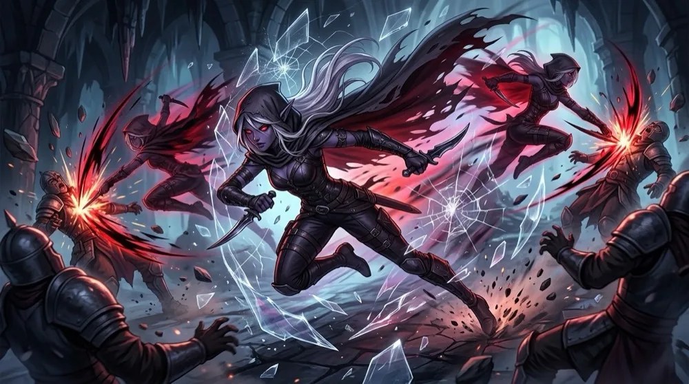 Phoenix Moon-shadow, a drow assassin, mid-action in her finale boon art.