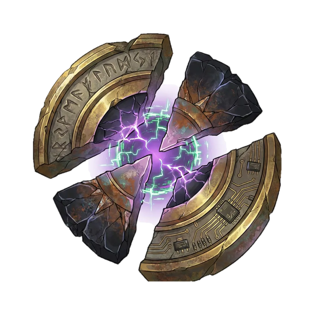 A golden amulet cracking apart in a burst of purple light.