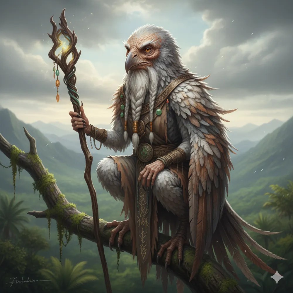 An old aarakocra with a staff, perched on a branch above the jungle.