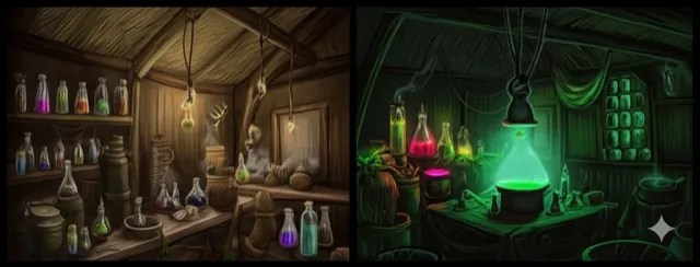 A hut of shelves and bottles with a glowing green cauldron.