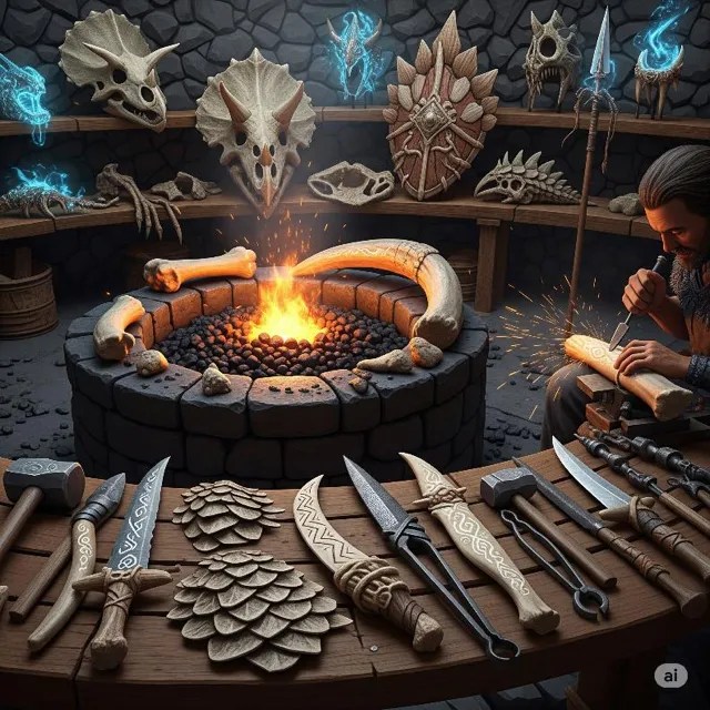 A forge ringed with dinosaur skulls, bone blades laid out on the bench.
