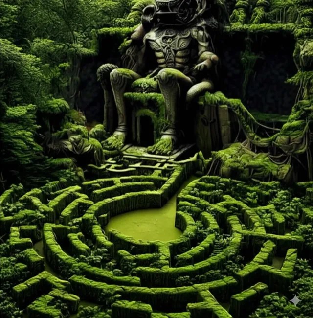 A hedge maze around a stone statue of Ubtao.