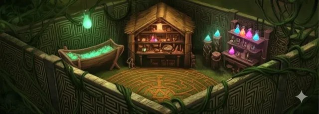 A quiet chamber lit by candles and green light.