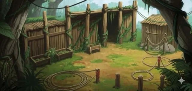 Wooden stables and a paddock in the jungle.