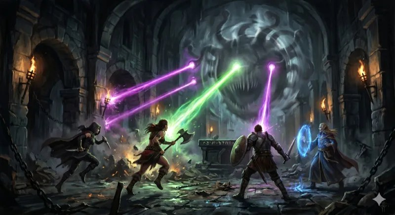 The party fighting through a storm of coloured rays.