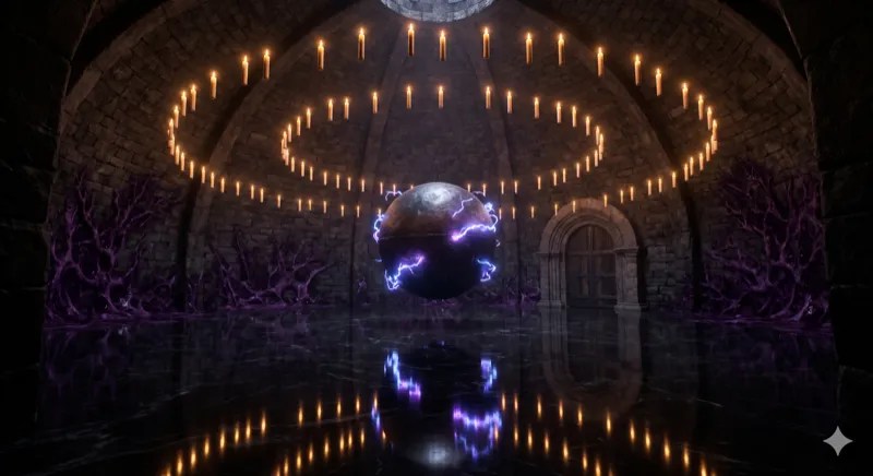 A dark sphere crackling with energy under a ring of candles.