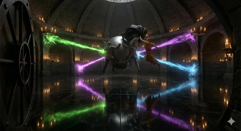 Green, blue and purple rays firing across a dark hall at the party.