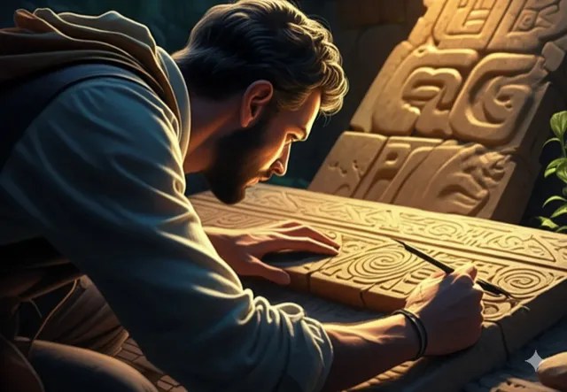A man studying a carved stone tablet.
