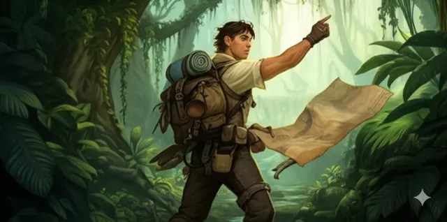 A guide pointing the way through the jungle with a map.