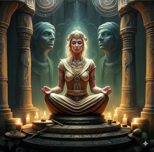 A woman meditating between carved stone faces.