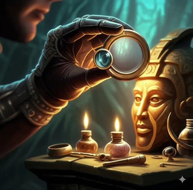 A gloved hand holding a lens up to a golden mask.