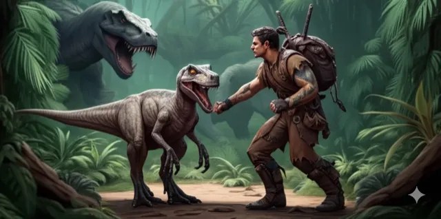 A hunter facing down a raptor.