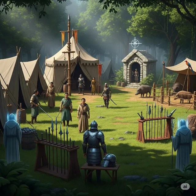 Tents, weapon racks and a stone chapel, with ghostly blue figures among the living.