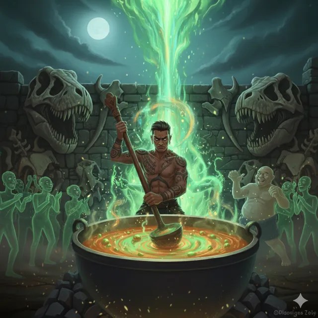 A man stirring a huge cauldron with a paddle.
