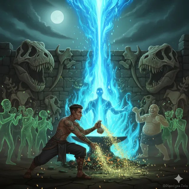 A man scattering powder as the fire flashes blue.