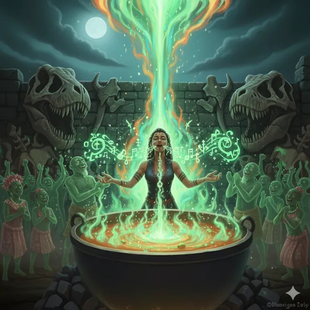 A woman chanting over the cauldron as green light swirls.