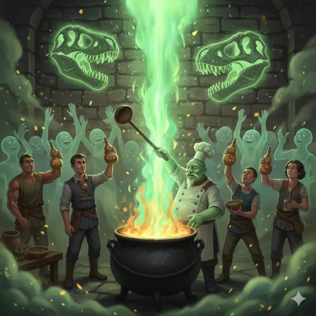 The spirit smith pouring cider as a green inferno rises from the forge.