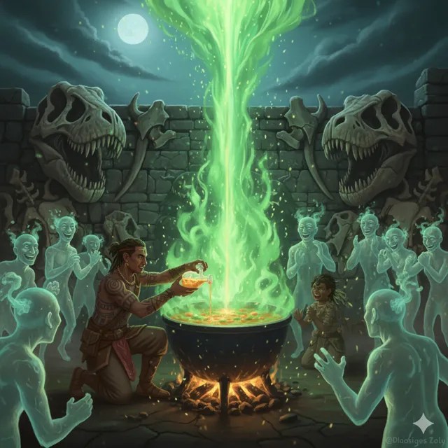 A man adding a single drop to the cauldron.