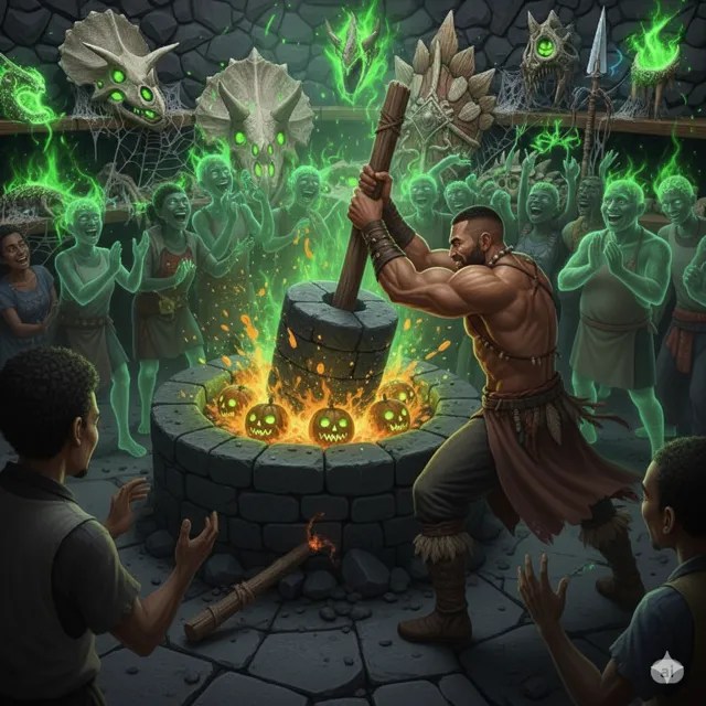 A man pounding pumpkins in a stone mill.